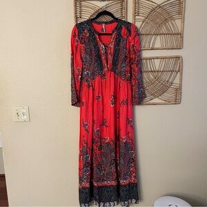 Free People If Only You Knew Boho Red Floral Long Sleeve Maxi Dress Sz XS B1